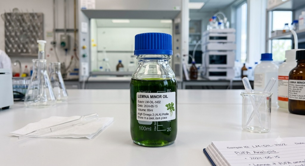 Lemnora biotech lab Lemna Minor Oil bottle and laboratory pipet